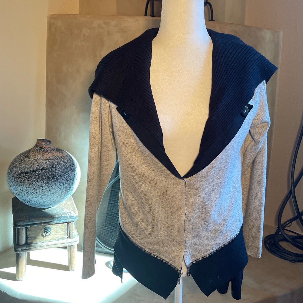 New Angel Apparel Black & Grey Knit Cardigan. Snap Front, Log Sleeve Size Small.